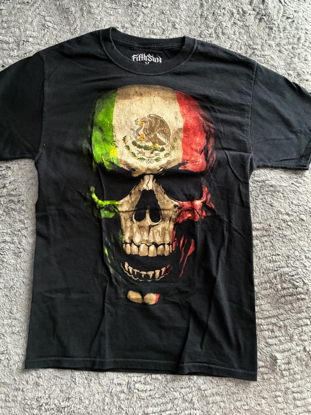 Fifth Sun Black Skull Tee with Mexican Flag Colors